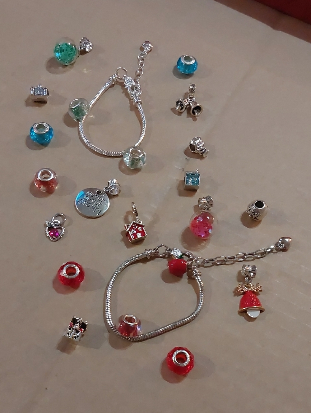 Charm Bracelet 21 Charms And Two Bracelets Set with Red and Blue Glass Beads